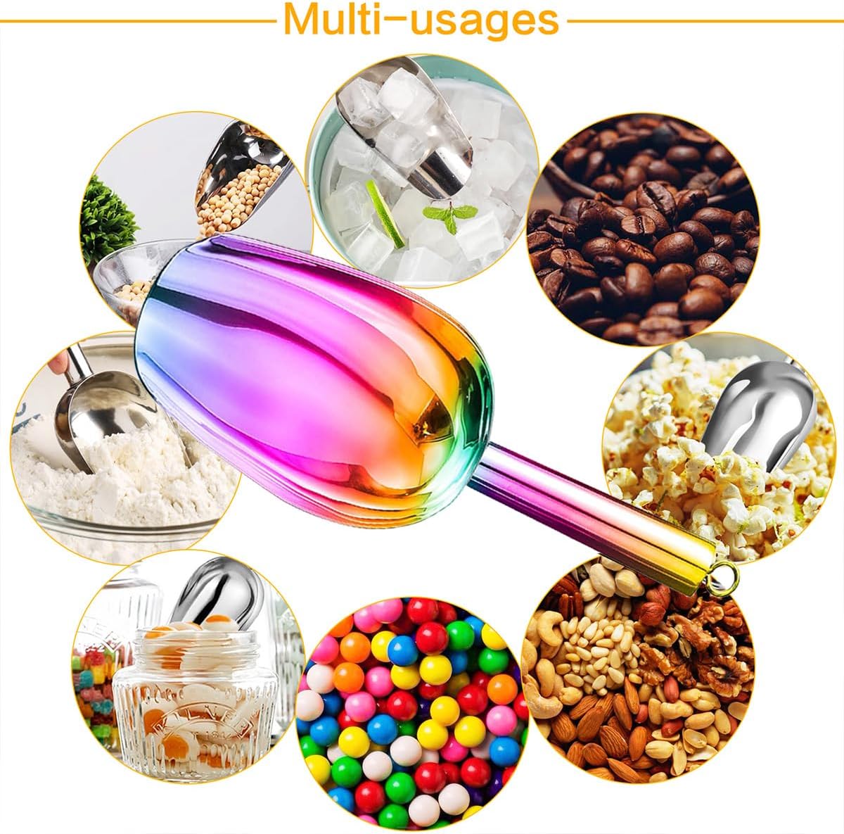 Metal Ice Scoop，Kitchen Ice Scooper for Ice Maker,Stainless Steel Small Ice Scooper for Freezer，Kitchen Gadgets Cookie Flour Pet Dog Food Scoop (Rainbow, 3oz)