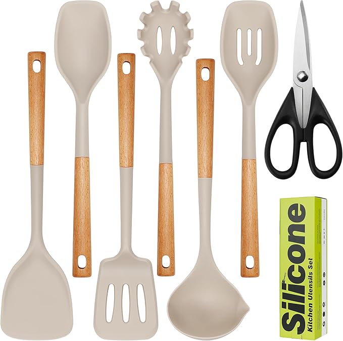 Large Silicone Cooking Utensils Set 7 Pcs, Wooden Handles Heat Resistant Spatula Set, Food Grade Silicone Kitchen Utensils Set with Holder, Gadgets BPA Free for Non-Stick Cookware