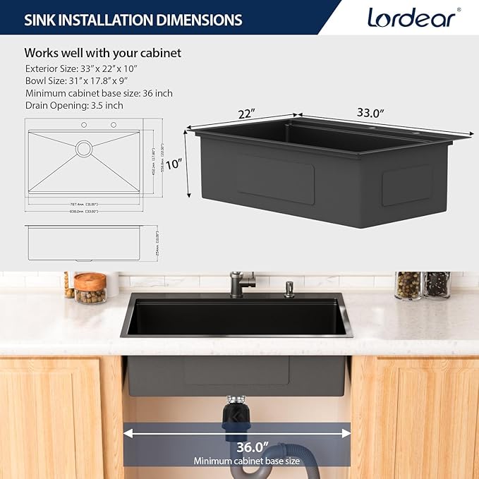 Lordear 33 Drop In Kitchen Sink Matte Black - 33X22 Inch Drop In Sinks Ledge Workstation Black 16 Gauge Stainless Steel Single Bowl Topmount Kitchen Sink Basin with Built- in Accessories