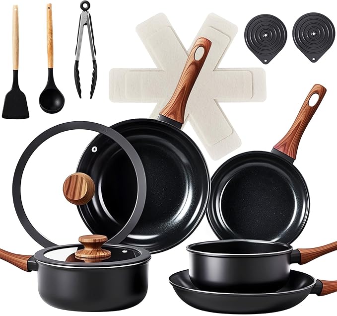ROVSUN 17 Pcs Nonstick Pots and Pans Set, Cast Aluminum Kitchen Cookware Set, RV Kitchen Cooking Set and Utensils, Dishwasher Safe, PFAS PFOA & PFOS Free, Black