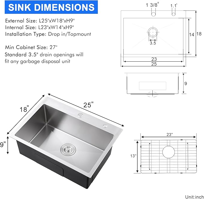 MENATT 25 Inch Drop in Kitchen Sink Brushed, 18 Gauge Stainless Steel 2 Holes Single Bowl Topmount Kitchen Sinks with Drain Assembly & Grid, D25"xW18"xH9"