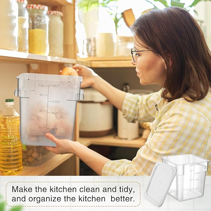 2 Pieces Square Food Storage Containers Polycarbonate Clear food Container with Lid Commercial Storage with Graduations for Commercial Kitchen Dough Marinating Meat(White,8 Qt)