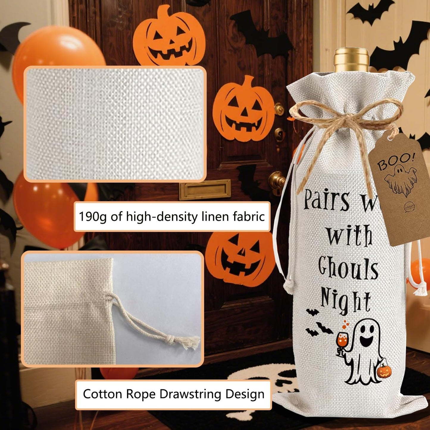 1Pcs Ghouls Night Gifts Wine Bag,Halloween Wine Bag,Happy Halloween Gifts Party Decorations for Women Menwith 1Pcs Kraft Blessing Cards and natural jute rope