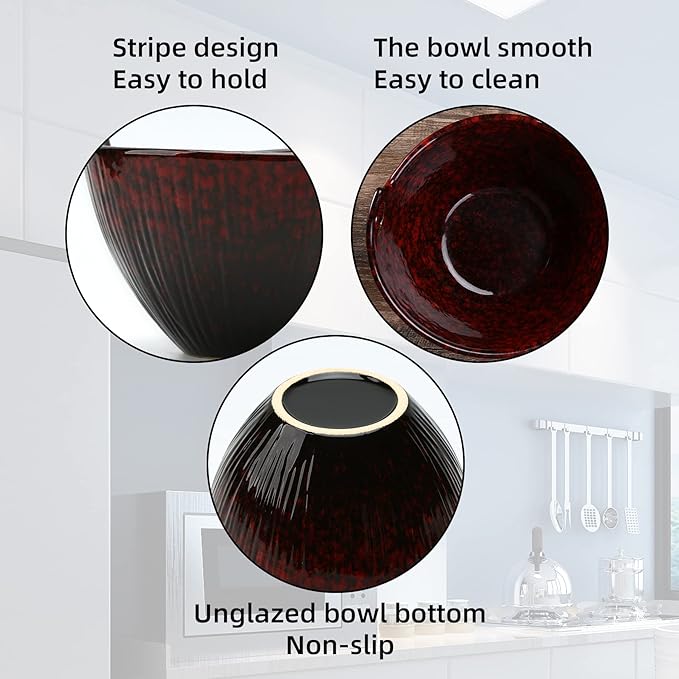 Ramen Bowl with Chopsticks and Spoons, Ceramic Set of 2, Dishwasher Safe for Pho Udon Soba Noodle Salad Pasta, Special Reactive Glazed Crimson Bowls Set