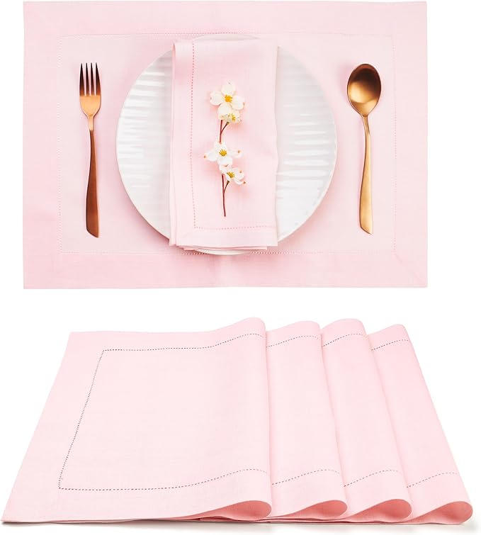 D'Moksha Homes Linen Placemats Set of 4 - Classic Hemstitch Pastel Pink Placemats 14 x 19 Inch - 100% Pure Linen Table Mats for Thanksgiving, Holiday - Handcrafted and Machine Washable