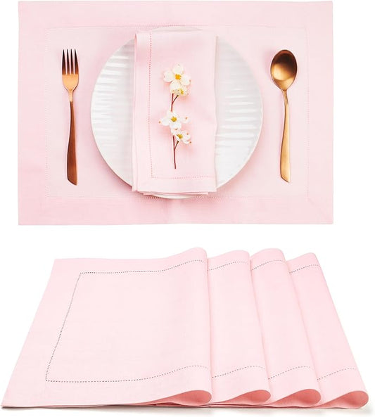D'Moksha Homes Linen Placemats Set of 4 - Classic Hemstitch Pastel Pink Placemats 14 x 19 Inch - 100% Pure Linen Table Mats for Thanksgiving, Holiday - Handcrafted and Machine Washable