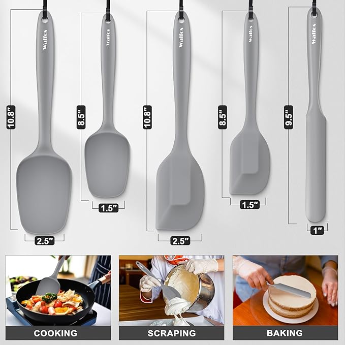 Walfos Silicone Spatula -5 Pieces Heat Resistant Kitchen Spoon Spatulas（600°F), Strong Steel Core and One-Pieces Seamless Design, Prefect for Cooking Mixing Baking - BPA Free and Dishwasher Safe,Gray