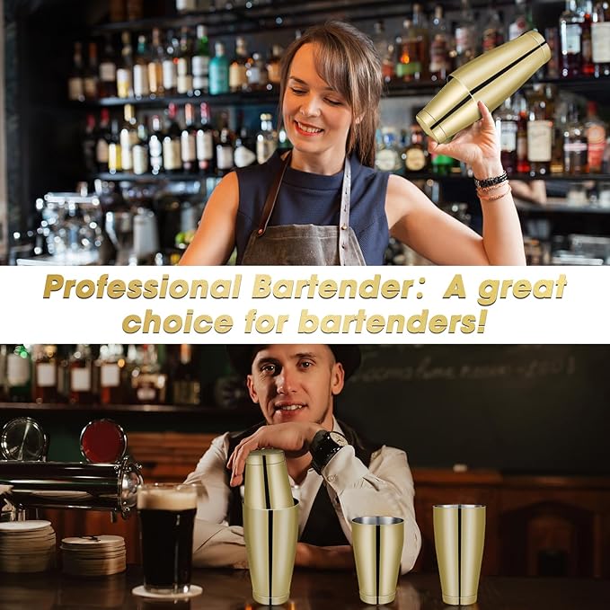 Lallisa 10 Pieces Cocktail Shakers Professional Bar Boston Shaker Set Stainless Steel Martini Shaker Drink Mixer Basic Tools Weighted Shake Metal Can for Bartenders, 18 Oz, 28 oz(Gold)