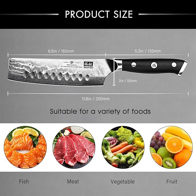 SHAN ZU Chef Knife, Damascus Professional Extra Sharp Kitchen Knife, Japanese High Carbon Super Steel Nakiri Knife with Ergonomic G10 Glass Fiber Handle