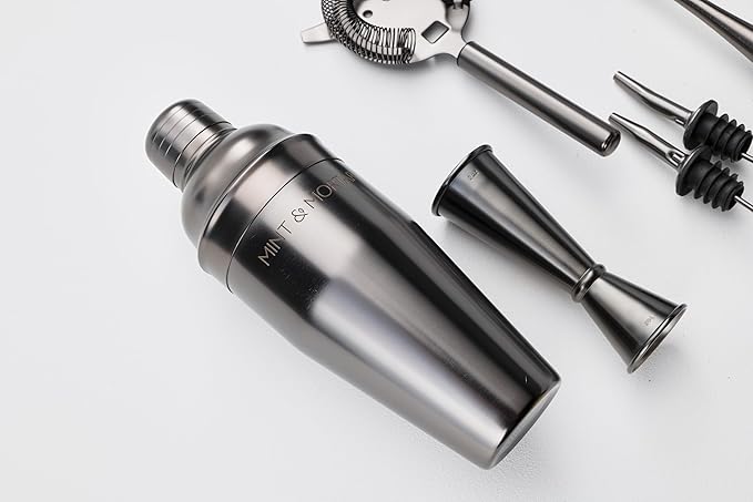 Mint & Mortar Cocktail Shaker Set, 7-Piece Bartender Kit with Stand, 24oz Martini Shaker Bottle Stainless Steel Bar Tools, Home Bar Accessories Drink Mixer, Barware Gift Set - Gunmetal
