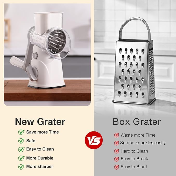 Rotary Cheese Grater Hand Crank, Kitchen Mandolin Vegetable Cheese Shredder with 3 Interchangeable Blades,Easy Clean Rotary Grater with Handle,Kitchen Grater Grinder for Cutting Cheese,Vegetable Nuts