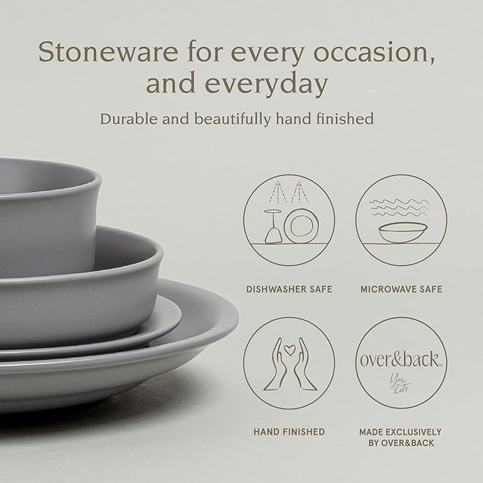 over&back Rim Dinnerware Set - Stoneware Dishes - Comes with 4 Dinner Plates, Salad Plates, Cereal Bowls, and Dinner Bowls - 16-Piece All-Occasion Place Settings - Serves Four - Semi-Matte Charcoal