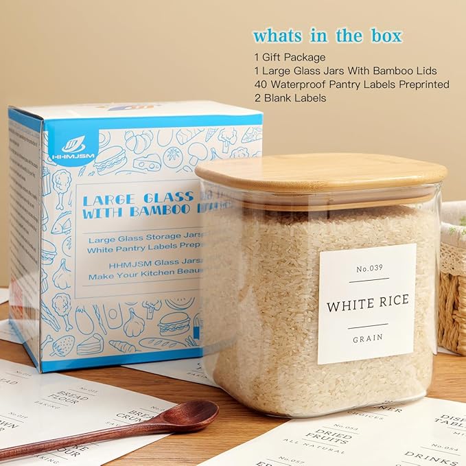Large Glass Flour and Sugar Containers with 42 Kitchen Pantry Labels - 85 Oz Glass Food Storage Containers with Airtight Lids - Square Glass Jars with Bamboo Lids for Rice, Pasta, Cookies