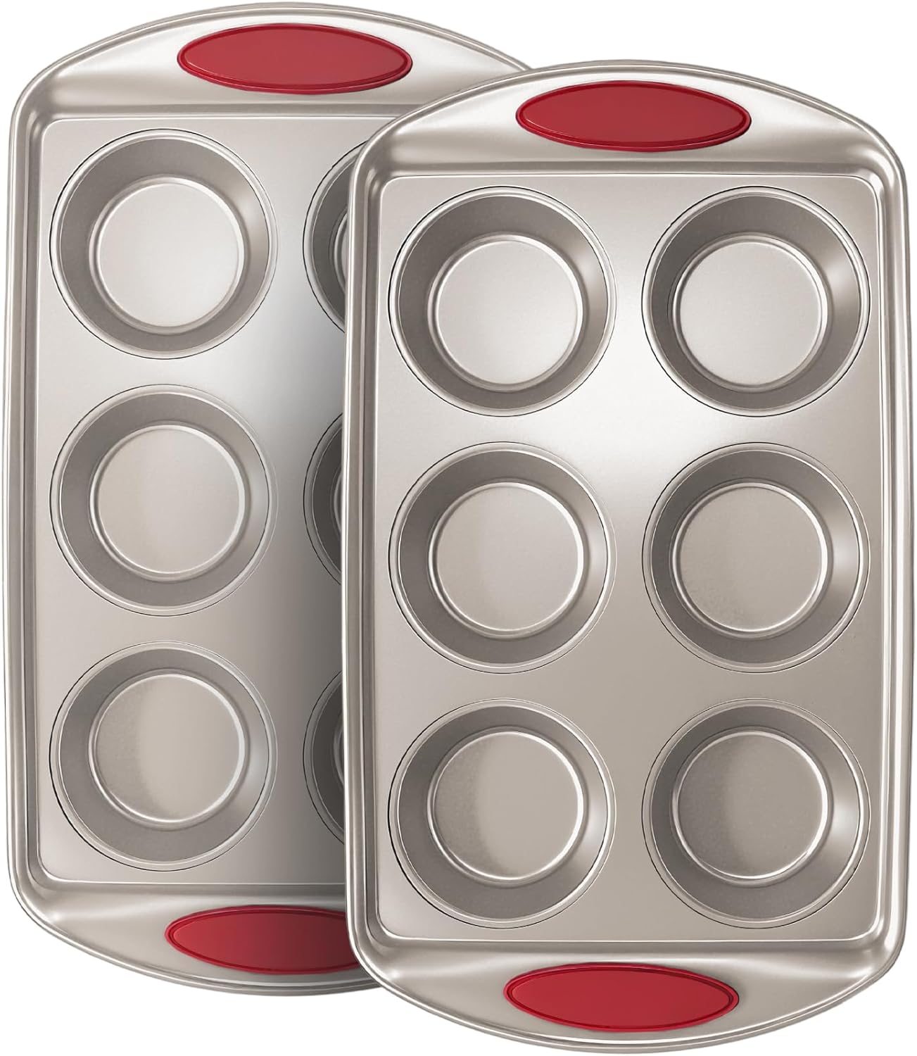 Muffin Pans 6-Cup, 2-Pack Nonstick 6 Tins Cupcake Pan with Silicone Grip Handles, Toaster Oven Baking Supplies Small Cheesecake Cup Cake Tray- Non-toxic & Dishwasher Safe