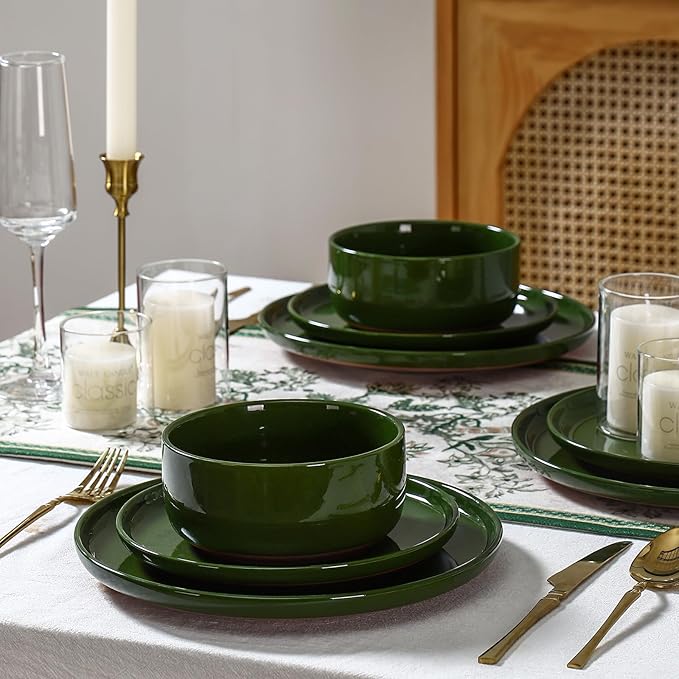 GZG Modern Art Series - 6 Pcs Speckled Stoneware Plates and Bowls Sets, Ceramic Dinnerware Set with Rustic Terracotta Underside, Microwave and Dishwasher Safe Handcrafted Dishes Set - Verdant Green