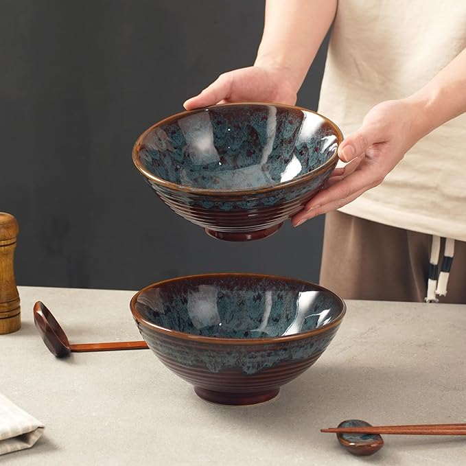 Ceramic Japanese Ramen Bowl Set with Chopsticks,8 inch 40 oz Pho Bowls & Asian Soup Bowl and Spoons Set for Udon Noodle,Soba,Miso Soup,Set of 2(Peacock Green)