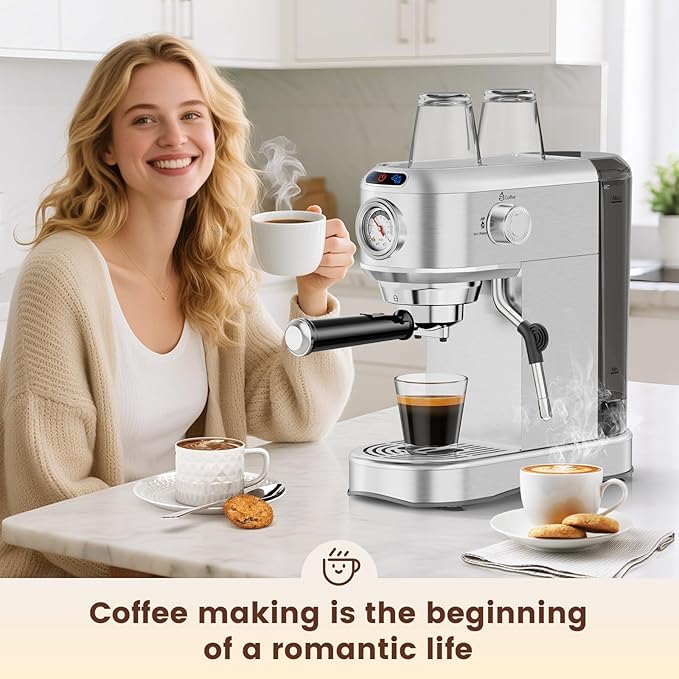 Espresso Machine 20 Bar, Compact Espresso Maker, Stainless Steel Expresso Coffee Machines with Steam Milk Frother & 34oz Removable Water Tank for Home Latte, Cappuccino, Silver