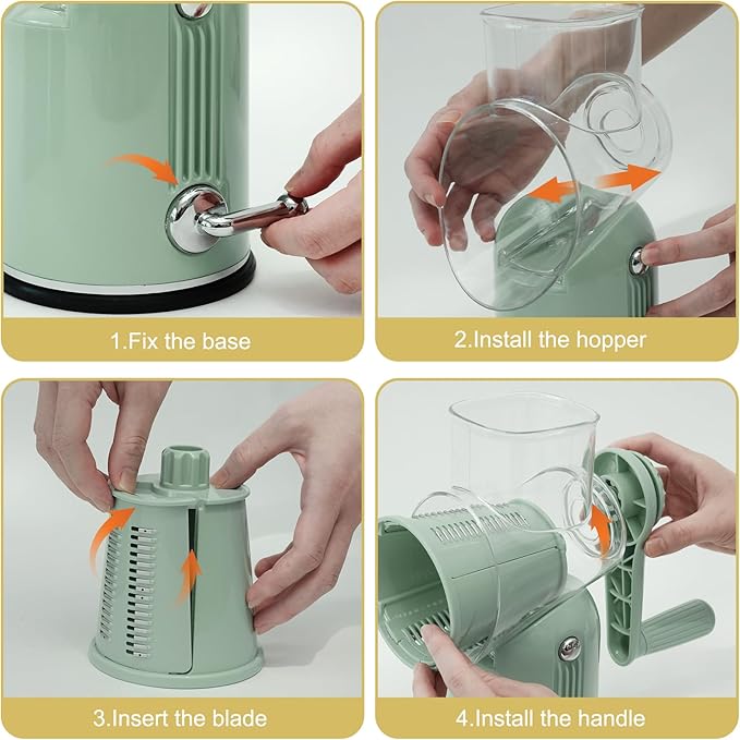 5 in 1 Cheese Grater with Rotary Hand Crank - Vegetable Chopper with Replaceable Stainless Blades, Strong Suction Base, Handle, Blade Storage Box, Easy-Clean Multipurpose Kitchen Slicer (Green)