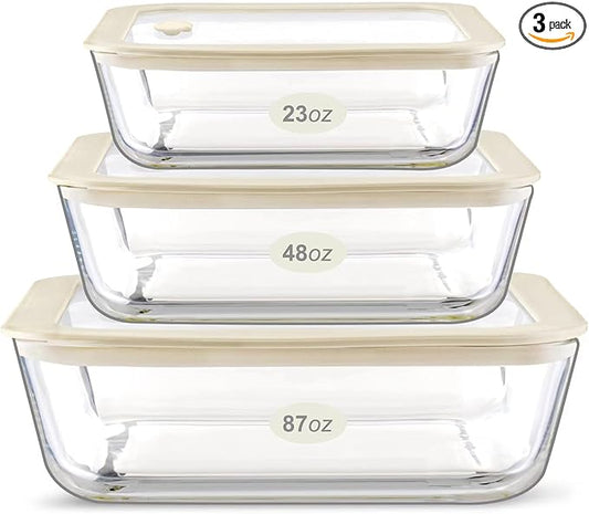 Urban Green Glass Food Container Set with Silicone Glass Lid, 3 Pack, Airtight, LeakProof, 100% Plastic Free, Meal Prep Containers (White Color)