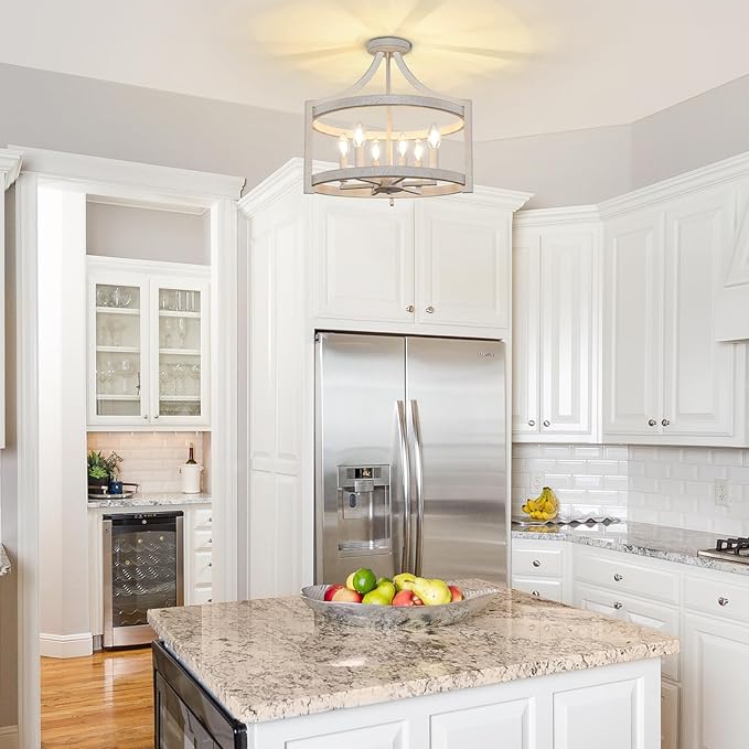 6-Light Farmhouse Chandelier, Distressed Hanging Pendant Lighting, Convertible Semi Flush Mount Ceiling Light Fixture Vintage White Metal Chandeliers for Dining Room Kitchen Foyer Entryway