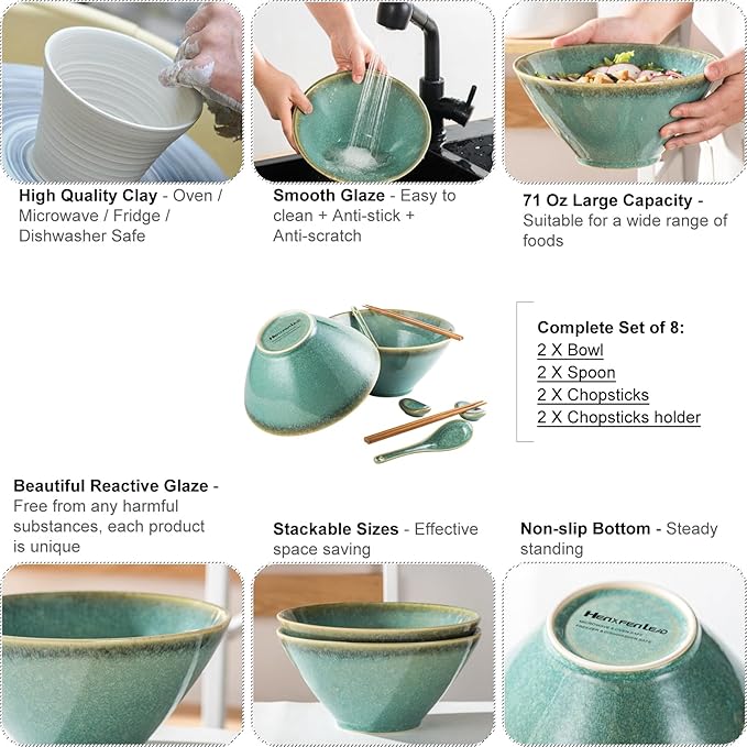 Large Salad Soup Ramen Serving Bowls, 71 OZ Ceramic Japanese Ramen Noodle Bowls with Chopsticks, Spoons and Rests - Super Big Bowl Sets for Udon, Pho, Pasta, Cereal, Set of 2 - Reactive Green