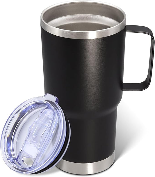 20 oz Tumbler with Handle and Lid, Stainless Steel Tumbler Insulated Travel Coffee Mug, Spill Proof Double Wall Vacuum Tumbler Cup Keep Drink Hot & Cold, Black, 1 Pack