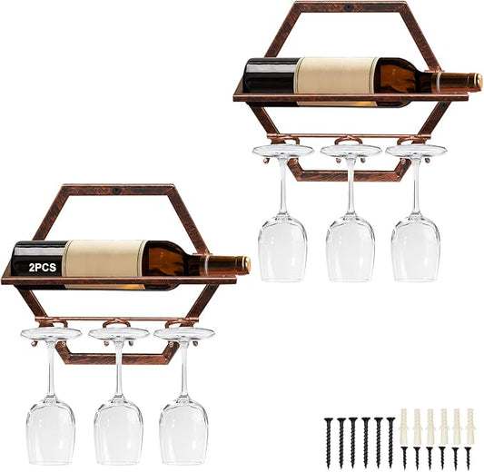 2Pcs Wall Mounted Wine Bottle Rack, Metal Hanging Wine Display Holder Organizer, Red Wine Racks for Home Kitchen Bar Decor Storage (Retro Brown AA)