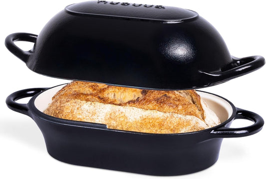 nuovva Dutch Oven For Sourdough Bread Baking – Enamelled Cast Iron Bread Loaf Pot – Oven Safe Non Stick Bread Pot – Rectangular, Black, 24cm x 16cm