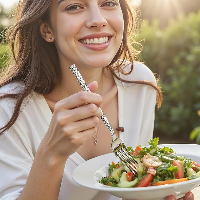 KINGSTONE 30 Piece Hammered Silverware Set, 18/10 Stainless Steel Flatware Set for 6, Cutlery Set for Home, Party, Wedding, Mirror Polished Dishwasher Safe