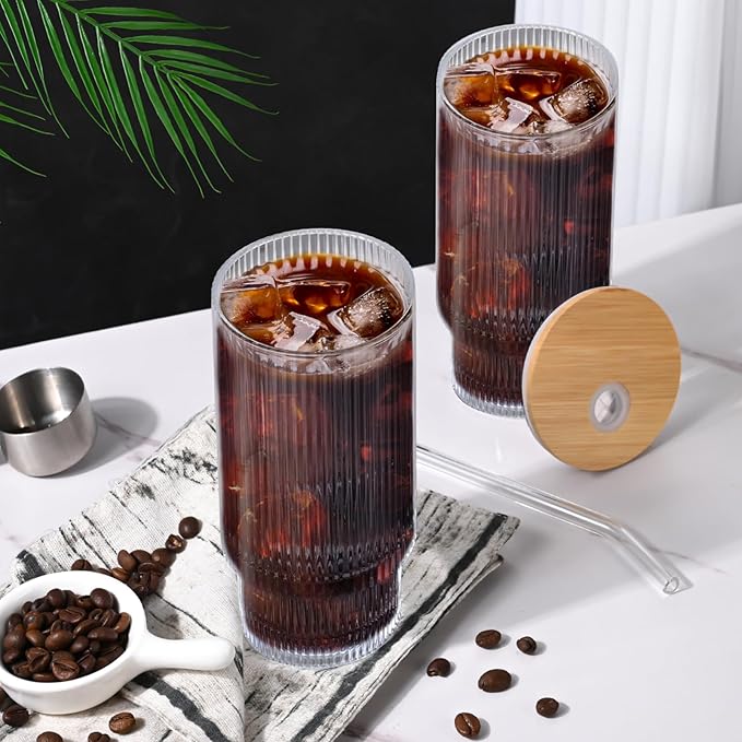 16OZ Ribbed Glass Cups with Lids and Straws,Iced Coffee Cups with Bamboo Lid,Vintage Glassware for Whiskey Cocktail Beer Fruit Juice Glasses Tumbler(4 Pack)