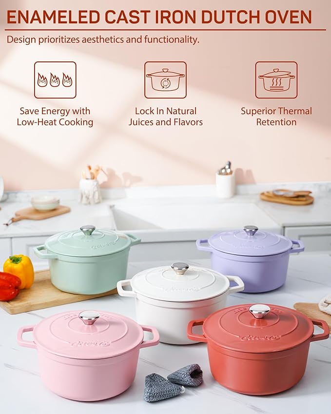 Enameled Cast Iron Dutch Oven – 4.4 Quart Pot with Lid & Potholders – Heavy-Duty Cookware for Bread Baking, Braising, Stews & Roasting – Oven & Stovetop Safe up to 500°F – Red