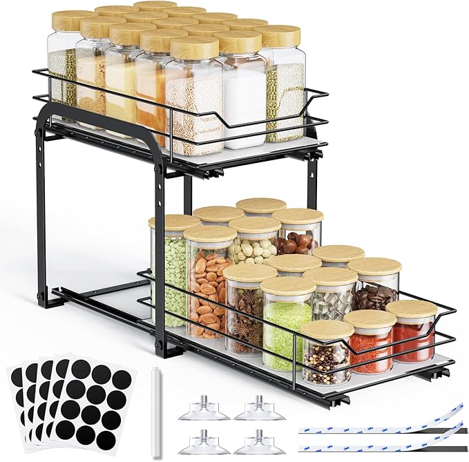 Spice Rack Organizer for Cabinet - 2-Tier Vertical Pull Out Spice Rack, Heavy Duty Metal Spice Shelf with Easy to Install Design, Fits Countertop, Cabinet & Pantry(7" W×10.5" D×9" H, Black)
