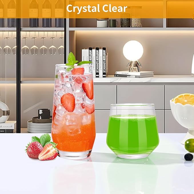 Drinking Glasses Set of 8,Clear 13 oz & 18oz Crystal Glass Cups,Drinkware Glassware,Highball Water Tumbler,Short Stemless Wine Glasses，for Beer,Cocktail,Whiskey,Juice and Various Mixed Drinks