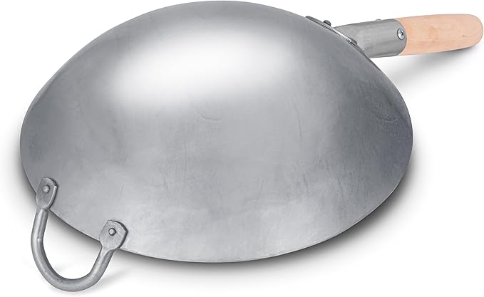 Craft Wok Traditional Hand Hammered Chinese Carbon Steel Wok with Wooden and Steel Helper Handle (12 Inch, Round Bottom Pow Wok Pan) / 731W88-12in