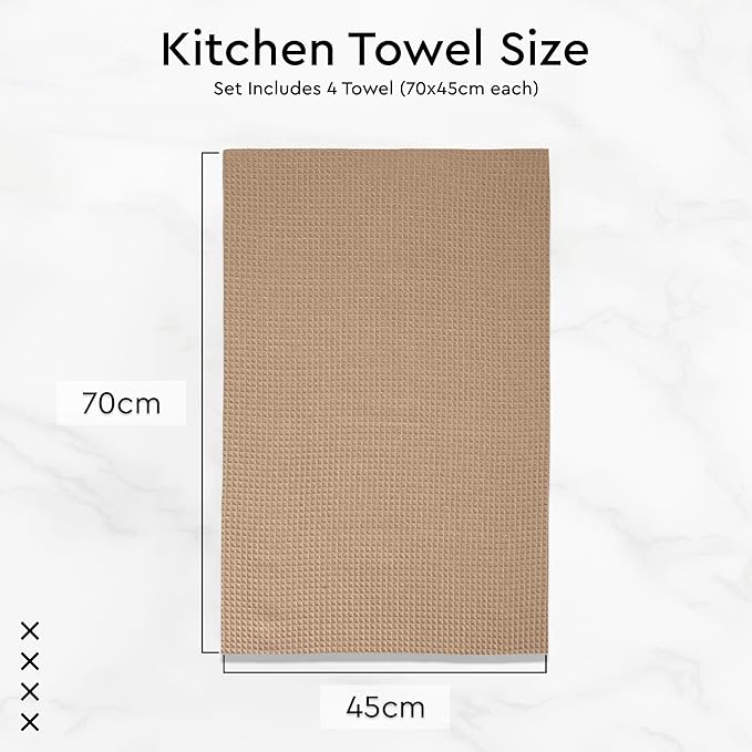 Encasa XO Kitchen Dish Towels Set | Beige | Waffle Weave and Flat Hand Tea Towel | 28"x18" | Quick Drying Reusable Cotton Washcloths | Multipurpose Lightweight Dishcloths Set of 4