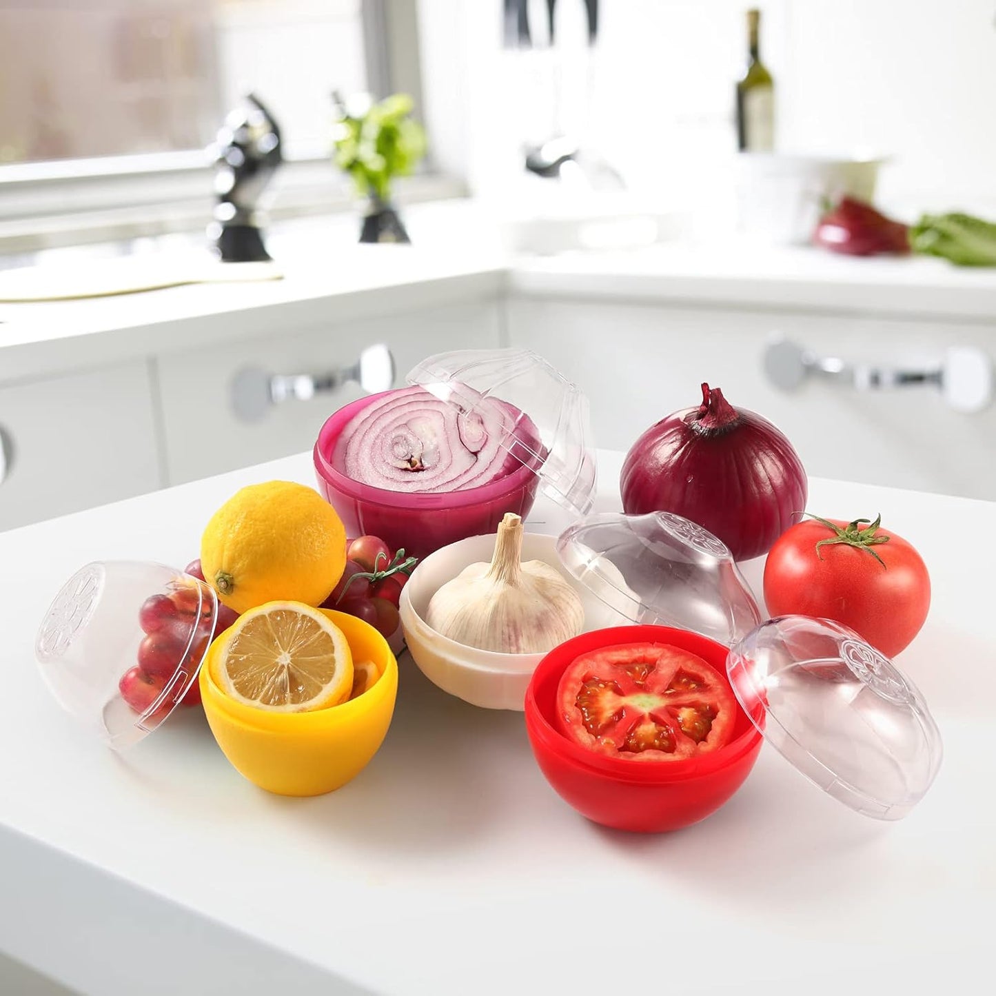 Vegetable and Fruit Storage Containers for Fridge, 4 Pcs BPA Free Reusable Food Saver - Tomato, Garlic, Onion, Lemon Keeper Holder - Refrigerator Vegetable Crisper Makes Food Stays Fresh Longer