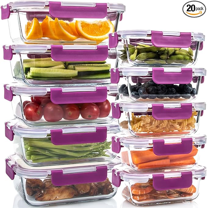 UMEIED 10 Pack Glass Food Storage Containers with Lids, Leakproof Airtight Glass Meal Prep Containers For Lunch, On The Go, Leftover, Dishwasher Safe
