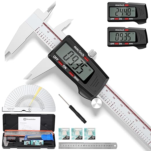 Housolution Digital Caliper 6 Inch, Caliper Measuring Tool with Large LCD Screen, Inch/MM, 4 Measuring Ways, Auto-Off LCD Stainless Steel Micrometer Vernier Caliper for Printing Jewelers Woodworkers