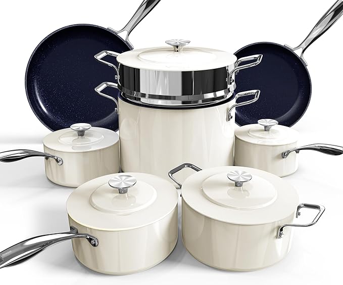 Nuwave Lux 13pc Forged Lightweight Cookware Set PFAS Free, Healthy G10 Duralon Ceramic Coating, Ultra Non-Stick, Stay-Cool Handles, Works on All Cooktops & Induction Ready
