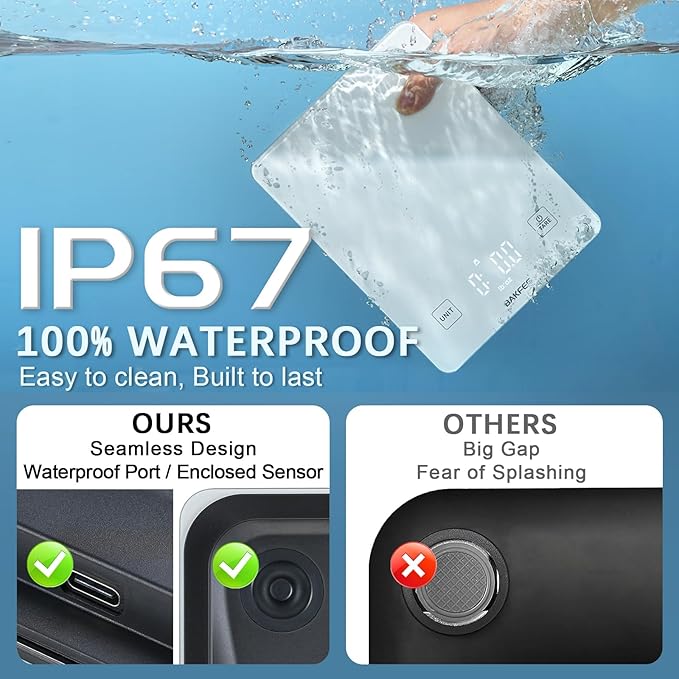 IP67 Waterproof Food Scale with Tempered Glass Surface, 22lb Kitchen Scale 1g Precision, USB Rechargeable, LED Display, Grams and Ounces, for Baking, Cooking, Making Sourdough Bread. White