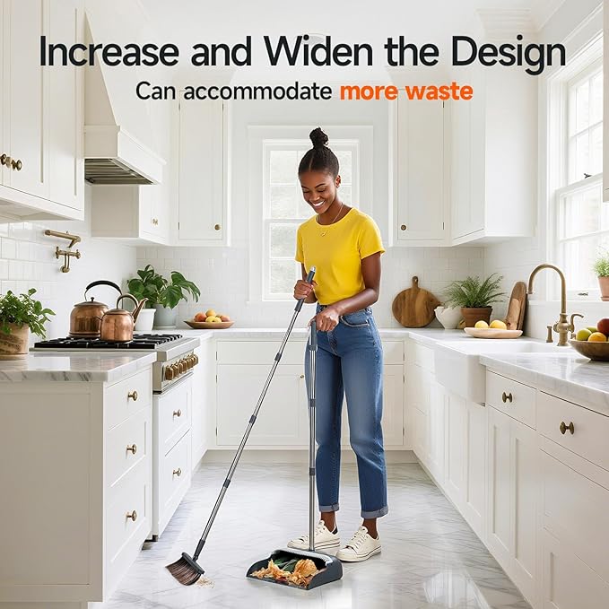 CTIME Broom with Dustpan, Broom with Dustpan Combo Set, 51.6" Adjustable Long Handle with 2 Replaceable Broom Heads, Standing Broom and Dustpan Set for Indoor Sweeping, Home, Office, Kitchen,Floor