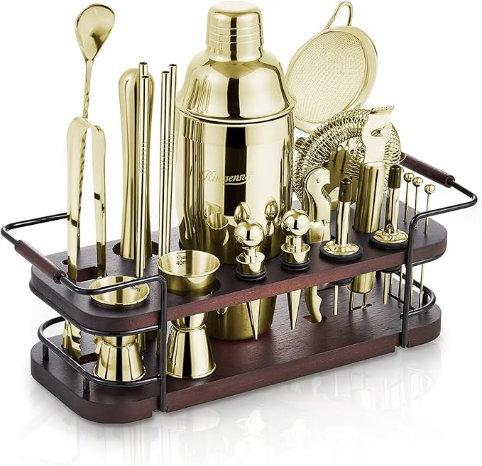 KITESSENSU Cocktail Shaker Set Bartender Kit with Stand | Complete 24-Piece Bar Set Cocktail Kit with All Bar Accessories, Gold