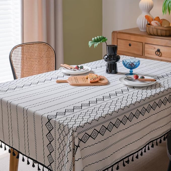 Cotton Linen Table Cloths Boho Farmhouse Heavy Fabric Table Cover Burlap Striped Washable Table Top For Parties Coffee Kitchen Picnic White Black Tassels(Rectangle/Oblong, 55" x 102"(8-10 Seats)