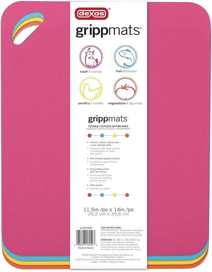 Dexas Heavy Duty Cutting Board Grippmat, Flexible Cutting Boards for Kitchen, Set of 4, Non Slip Plastic Board Cutting Mat 11.5 by 14 inches, Bright Blue, Yellow, Orange and Pink Set Kitchen Gadgets