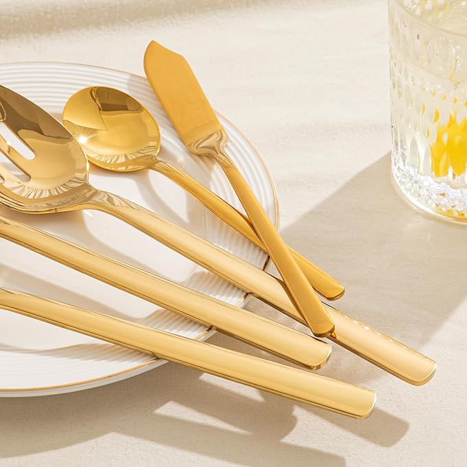 KINGSTONE Large Hostess Gold Serving Utensils Set, 18/10 Stainless Steel -10 inch Serving Spoons, Slotted Spoons, Forks, Tongs, Cake Pie Server, Butter Knife, Sugar spoon for Buffet, Wedding, Party