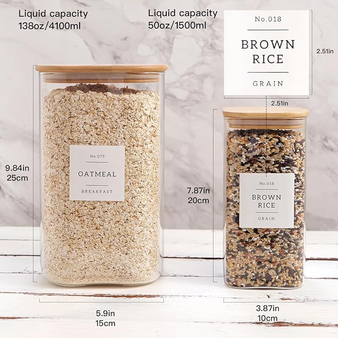Glass Pantry Storage Containers with 132 Kitchen Pantry Labels, 138/50 oz Large Square Flour and Sugar Containers with Airtight Lids, Gallon Glass Jars with Bamboo Lids for Rice, Pasta, Cookies, grain