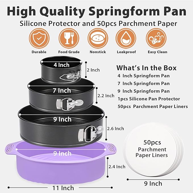 Springform Pan Set of 3 Leakproof Spring Form Pans for Cheesecake, Nonstick 4 7 9 Inch Cheesecake Pan with Silicone Protector, Springform Cheese Cake Pans Sets for Baking with 50Pcs Parchment Paper