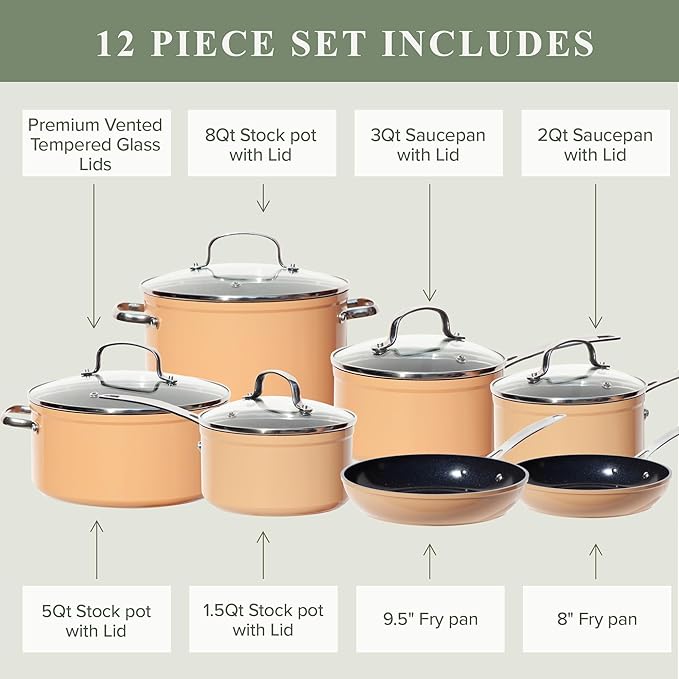 Nuwave Healthy Duralon Blue Ceramic Nonstick Cookware Set, Diamond Infused Scratch-Resistant, PFAS Free, Dishwasher & Oven Safe, Induction Ready & Evenly Heats, Tempered Glass Lids & Stay-Cool Handles