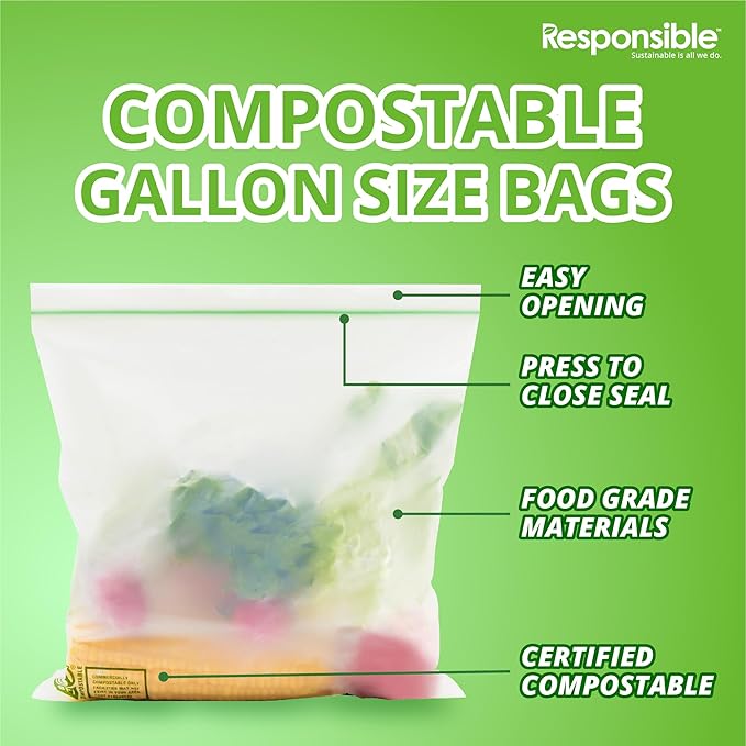 Certified Compostable Large GALLON Resealable Zip Bag, Extra Strength Food Bags, Made from Plant Materials (64 Pack)