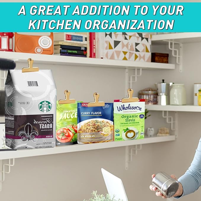 Funfery 24 Pack 3 Inch Stainless Steel Gold Chip Clips Strong Bag Clips Large Clip for Food Packages,Metal Kitchen Food Clip for Snack Home&Office Paper Heavy Duty